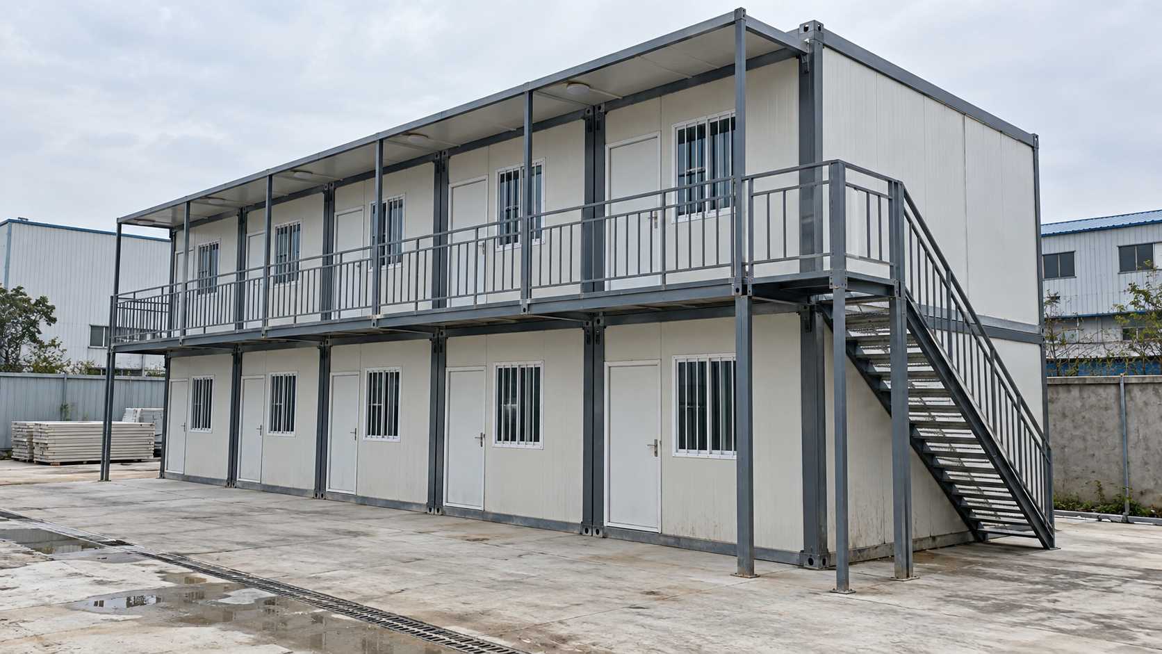双层打包箱办公空间,灰色钢框架搭配白色墙板,设置外走廊和楼梯